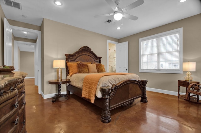 bedroom featuring ensuite bath and ceiling fan