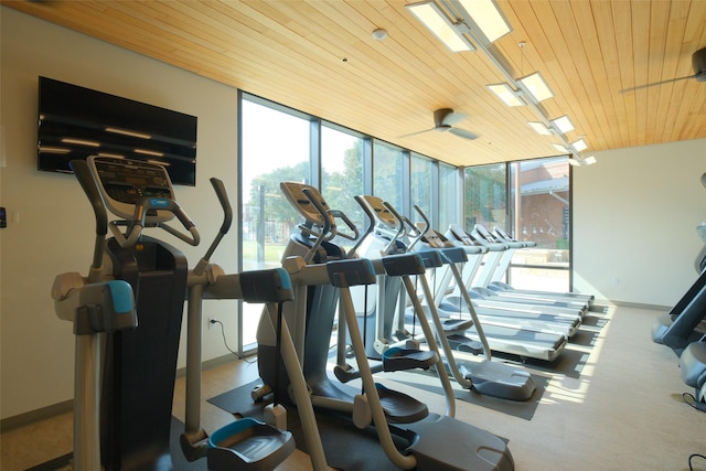 gym featuring ceiling fan, floor to ceiling windows, and wood ceiling