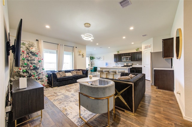 living room featuring dark wood-type flooring