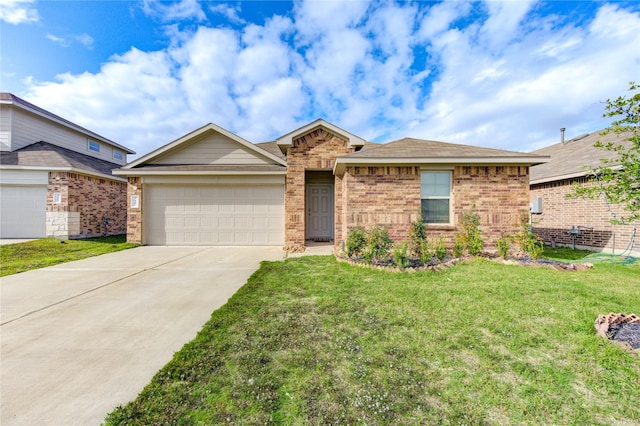 ranch-style home featuring a garage and a front lawn