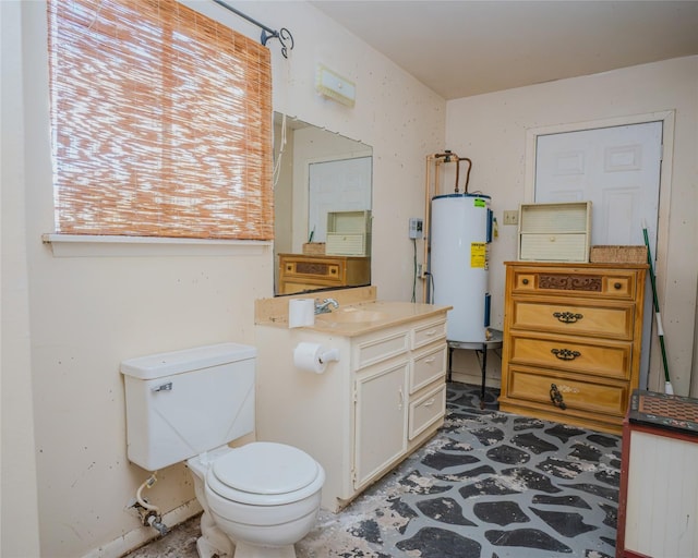 bathroom with vanity, toilet, and water heater