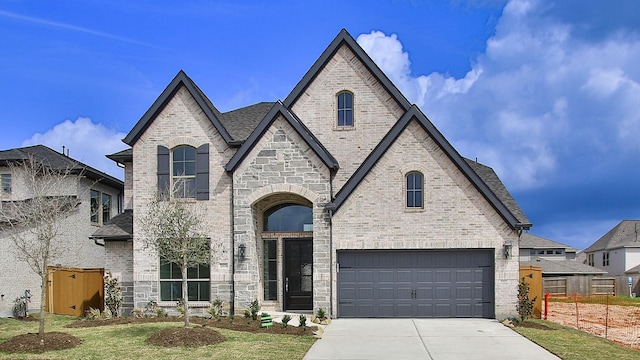 french country style house featuring concrete driveway, brick siding, an attached garage, and roof with shingles