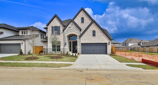 french country home with a garage, concrete driveway, brick siding, and fence