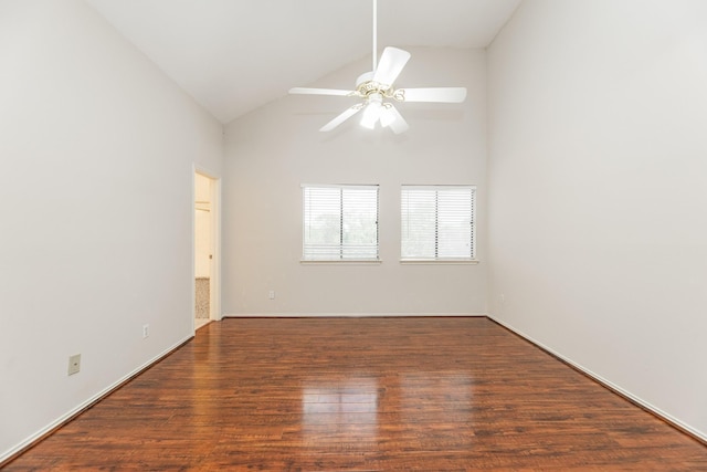 unfurnished room with dark hardwood / wood-style flooring, high vaulted ceiling, and ceiling fan