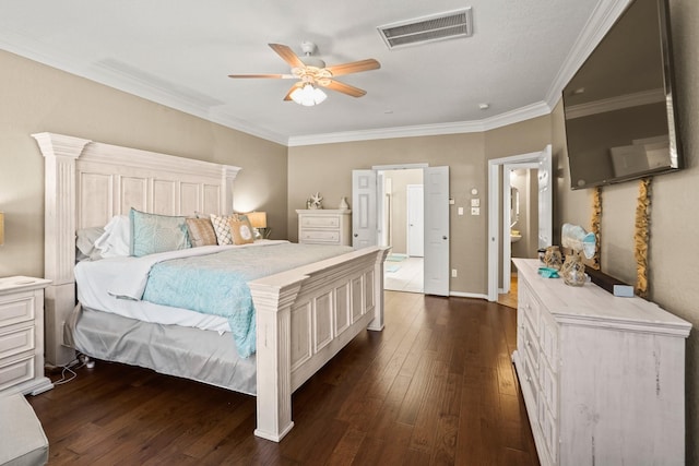 bedroom with crown molding, ceiling fan, and dark wood-type flooring