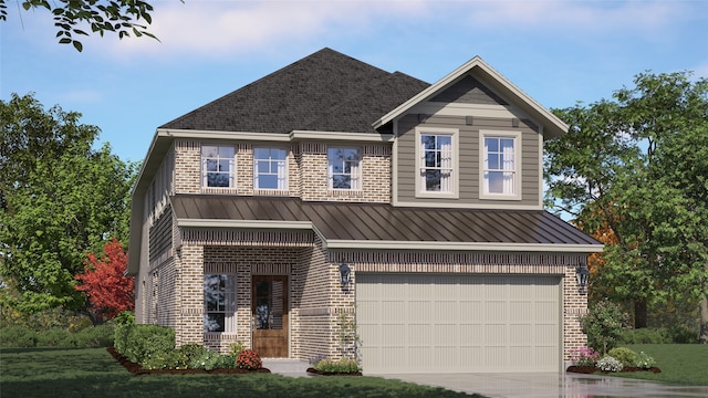 view of front facade featuring driveway, a standing seam roof, a garage, brick siding, and metal roof