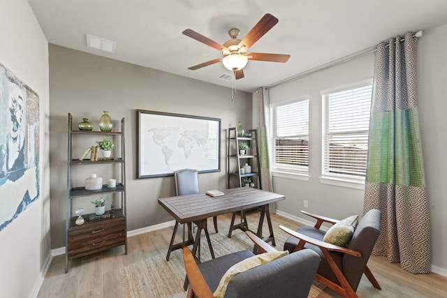 home office with ceiling fan and light wood-type flooring