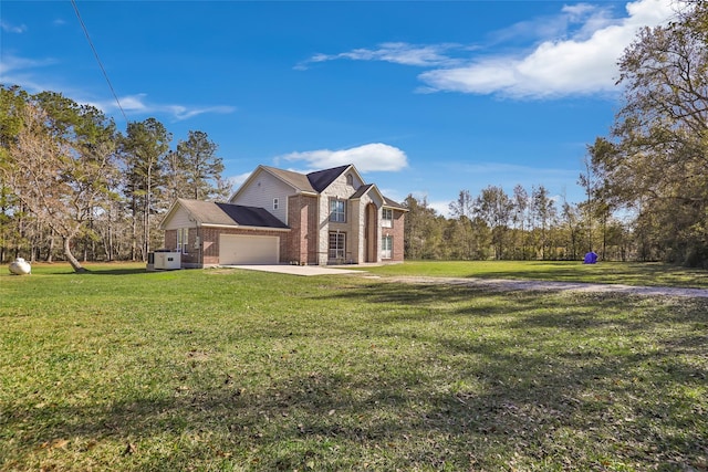 view of home's exterior featuring a lawn and a garage