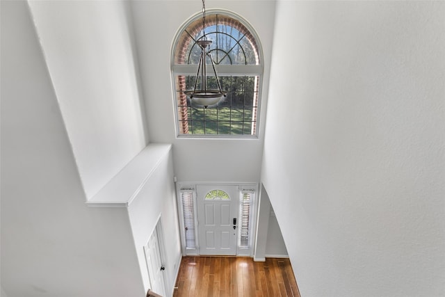 foyer entrance with wood-type flooring and a towering ceiling