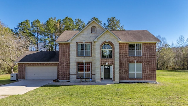 view of front of home with a garage, a front lawn, and cooling unit