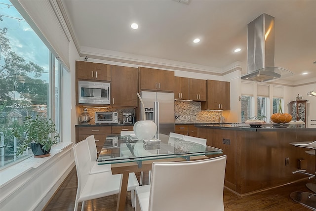 kitchen featuring appliances with stainless steel finishes, tasteful backsplash, dark hardwood / wood-style floors, ventilation hood, and ornamental molding