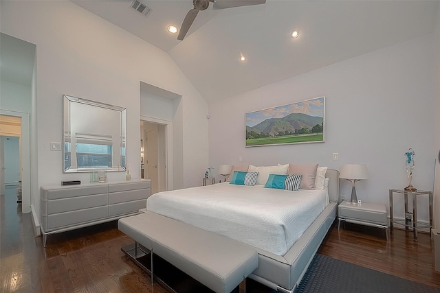 bedroom featuring lofted ceiling, ceiling fan, and dark wood-type flooring