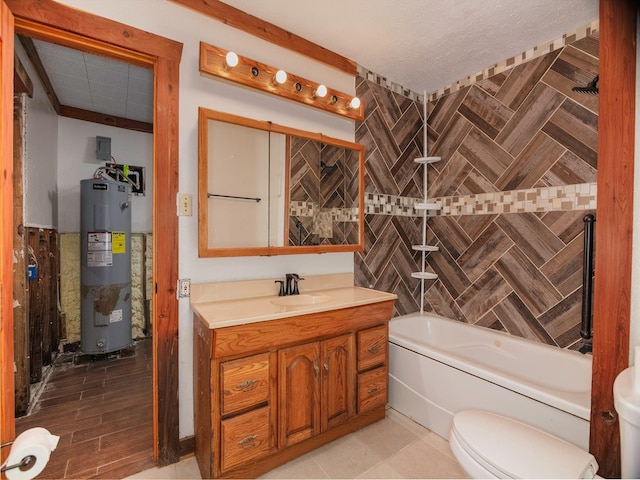 bathroom featuring ornamental molding, a washtub, vanity, electric water heater, and toilet