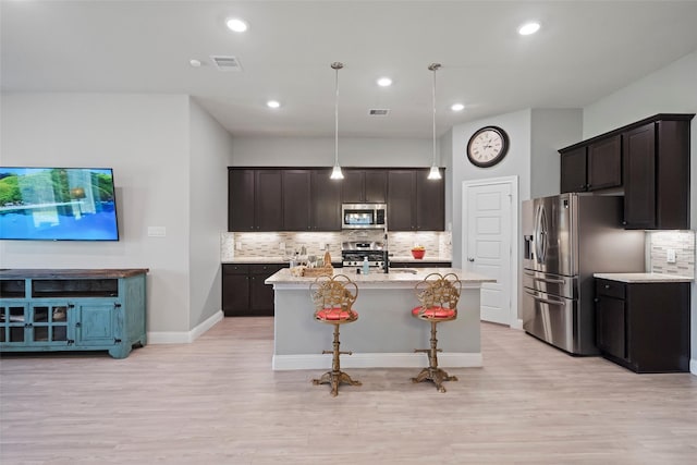 kitchen featuring pendant lighting, stainless steel appliances, decorative backsplash, light wood-type flooring, and a center island with sink