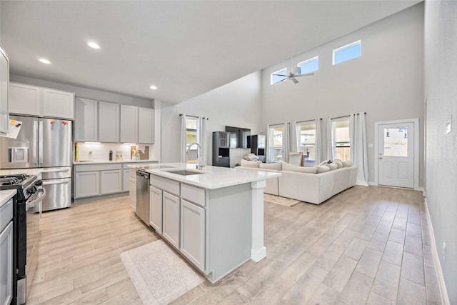 kitchen featuring sink, appliances with stainless steel finishes, tasteful backsplash, an island with sink, and light wood-type flooring