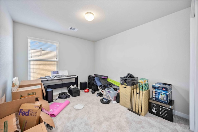 miscellaneous room featuring light carpet