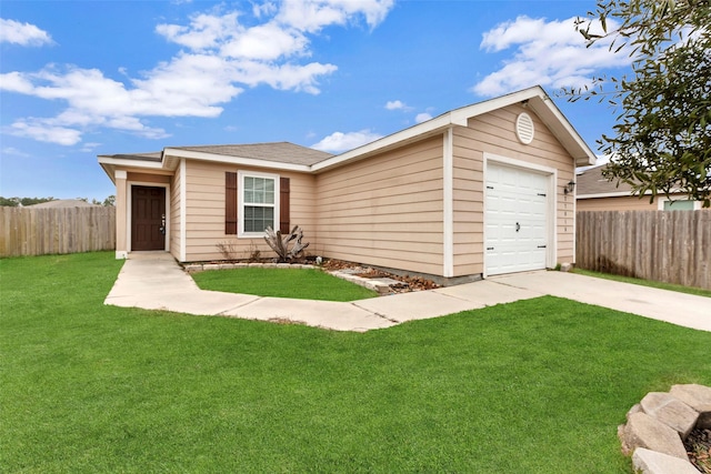 single story home with a front yard and a garage