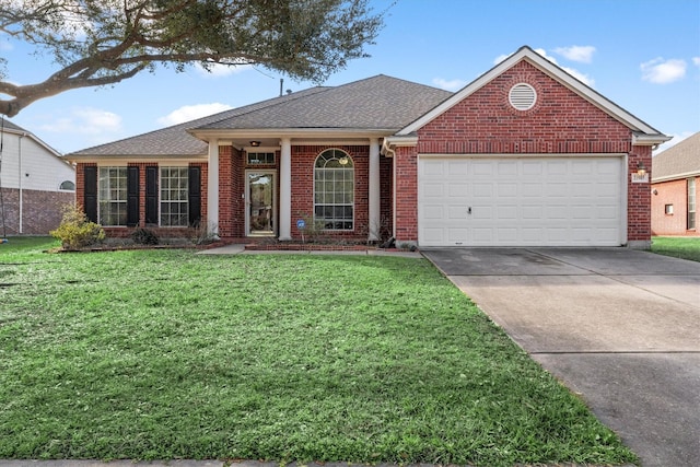 single story home with driveway, roof with shingles, an attached garage, a front lawn, and brick siding