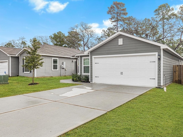 ranch-style home featuring a garage, central air condition unit, and a front yard