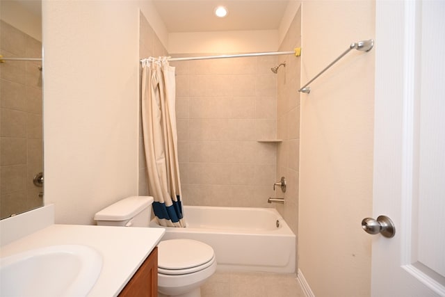 full bathroom featuring shower / bathtub combination with curtain, tile patterned flooring, vanity, and toilet