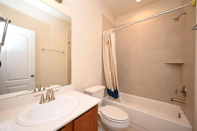 full bathroom with vanity, toilet, and shower / bathtub combination with curtain