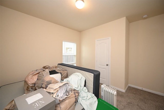 carpeted bedroom with radiator heating unit