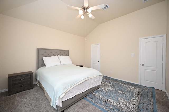 bedroom featuring vaulted ceiling, dark carpet, and ceiling fan