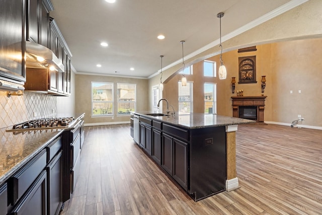 kitchen with light stone counters, sink, an island with sink, and hanging light fixtures