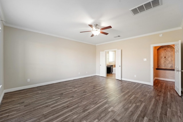 interior space featuring dark hardwood / wood-style floors, ceiling fan, and crown molding