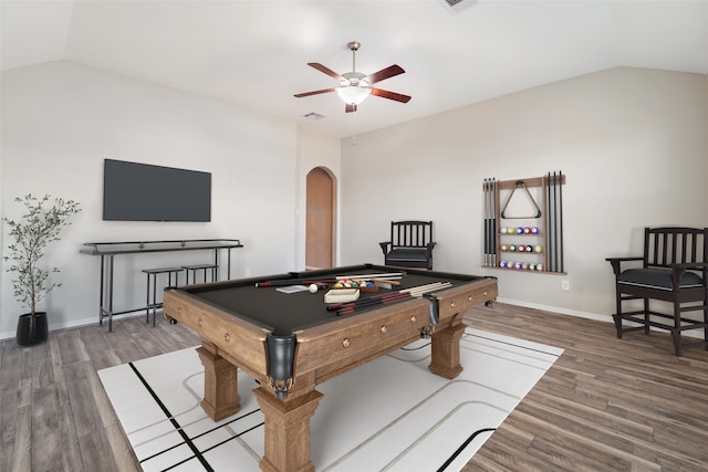 recreation room with hardwood / wood-style floors, pool table, and vaulted ceiling