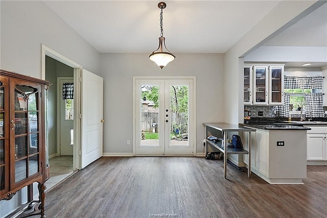 interior space with dark hardwood / wood-style floors, sink, and french doors