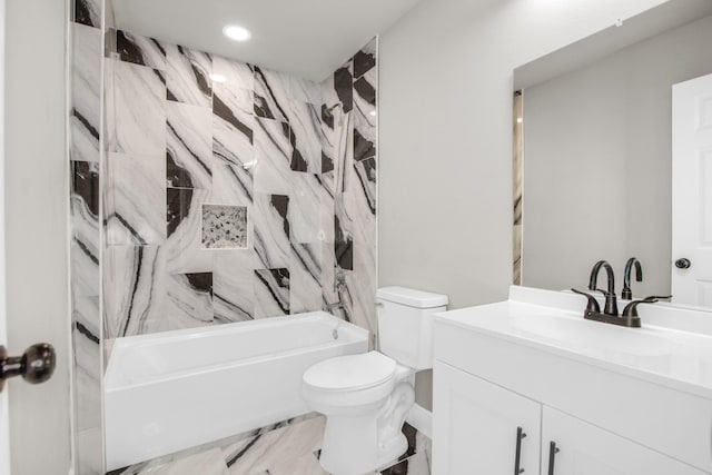 full bathroom with tiled shower / bath combo, vanity, and toilet