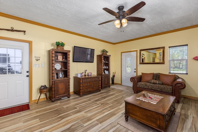 living room with ceiling fan, crown molding, and a textured ceiling