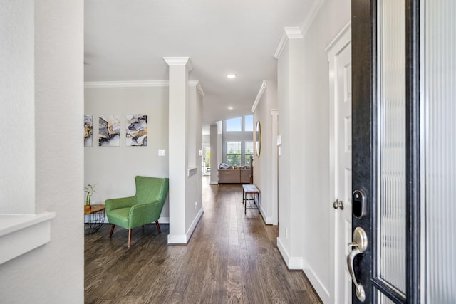 entrance foyer with dark hardwood / wood-style flooring and ornamental molding