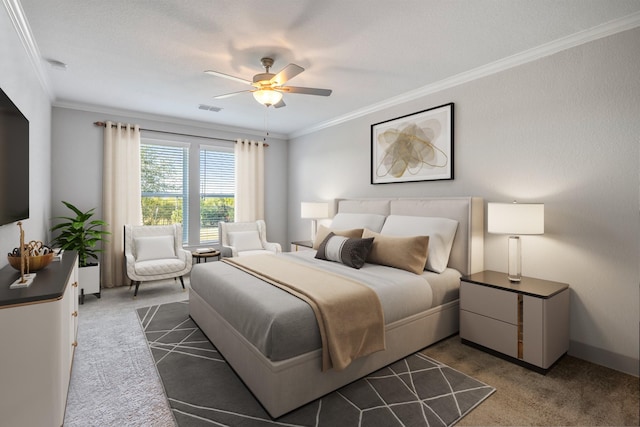 bedroom featuring ceiling fan, ornamental molding, and dark colored carpet