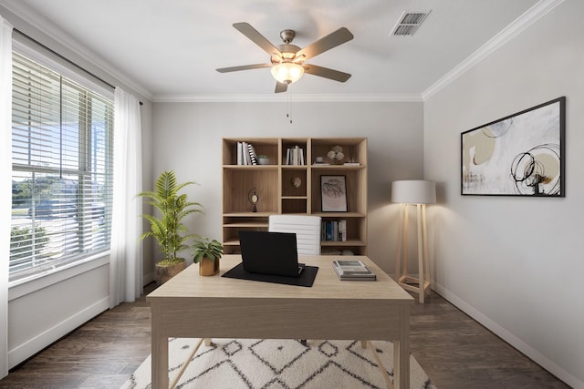 office space with ceiling fan, dark wood-type flooring, a healthy amount of sunlight, and ornamental molding