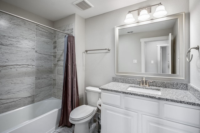 full bathroom featuring vanity, toilet, and shower / bathtub combination with curtain