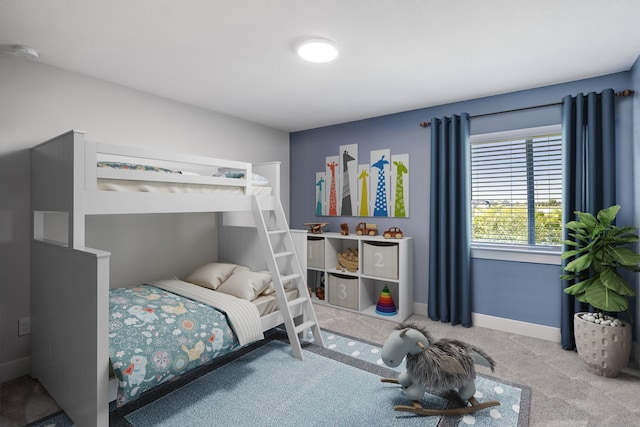 bedroom featuring light carpet