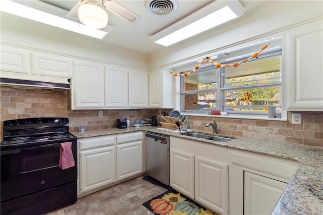 kitchen with electric range, sink, stainless steel dishwasher, backsplash, and white cabinets