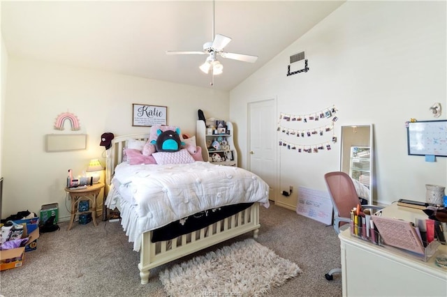 bedroom featuring carpet flooring, vaulted ceiling, and ceiling fan