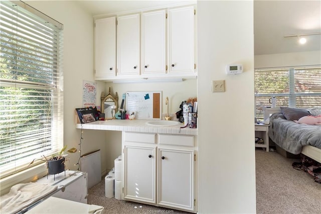 bar with plenty of natural light, light colored carpet, white cabinetry, and sink