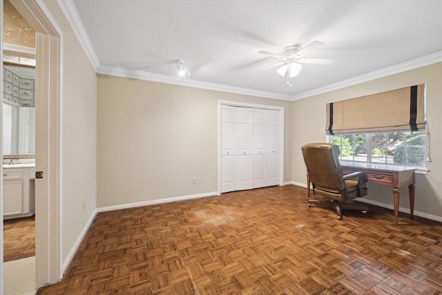 office space with dark parquet floors, ceiling fan, and ornamental molding