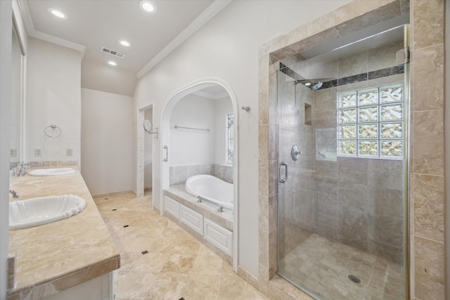 bathroom with vanity, plus walk in shower, and ornamental molding