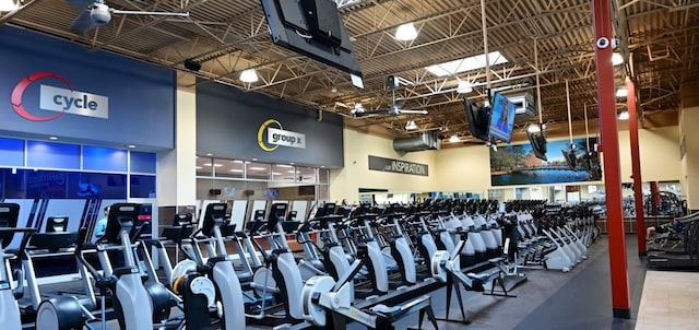 gym with a high ceiling