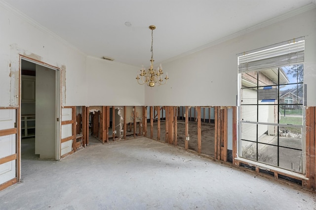 misc room featuring ornamental molding and a notable chandelier