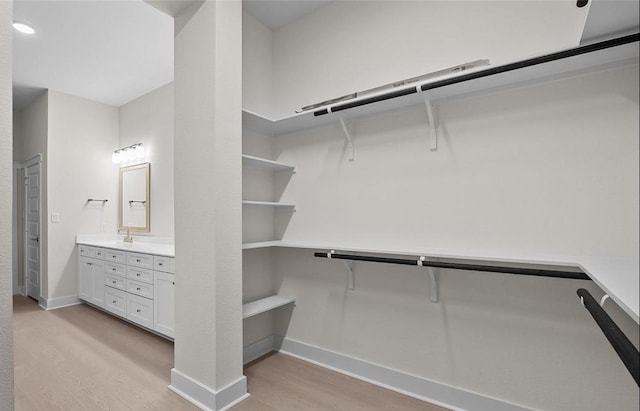 spacious closet with sink and light hardwood / wood-style floors