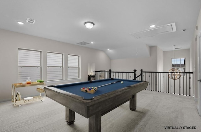 rec room featuring light carpet, pool table, and vaulted ceiling