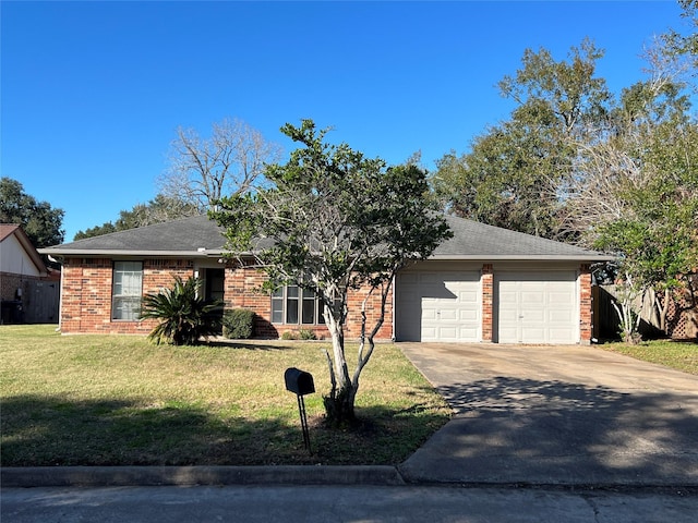 single story home with a garage and a front yard