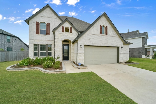 french country inspired facade featuring a front yard and a garage