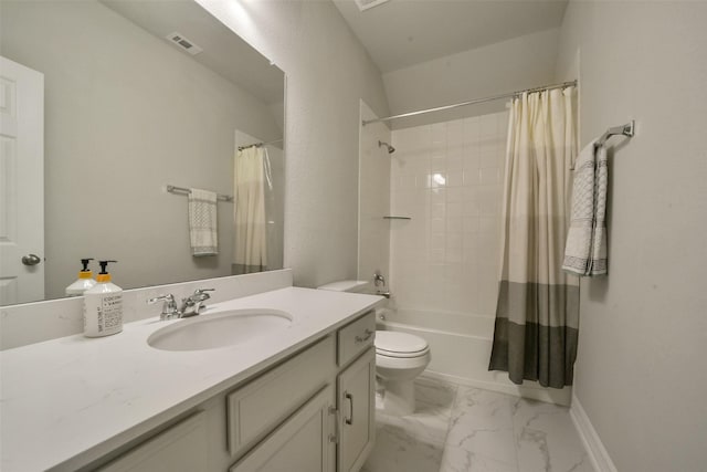 full bathroom featuring shower / tub combo, vanity, and toilet